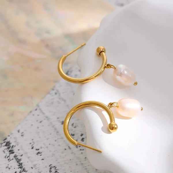 Baroque Pearl Drop Tunnel Mini Hoop Earrings