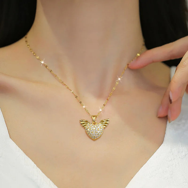 DIEYURO 316L Stainless Steel Heart Wings Pendant Necklace For Women Girl Fashion Clavicle Chain Choker Jewelry Gift Wedding