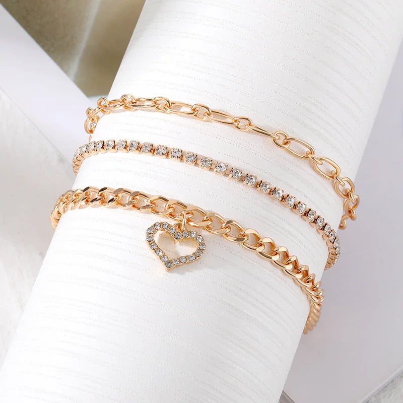 Heart Diamond Chain Layered Anklet Set