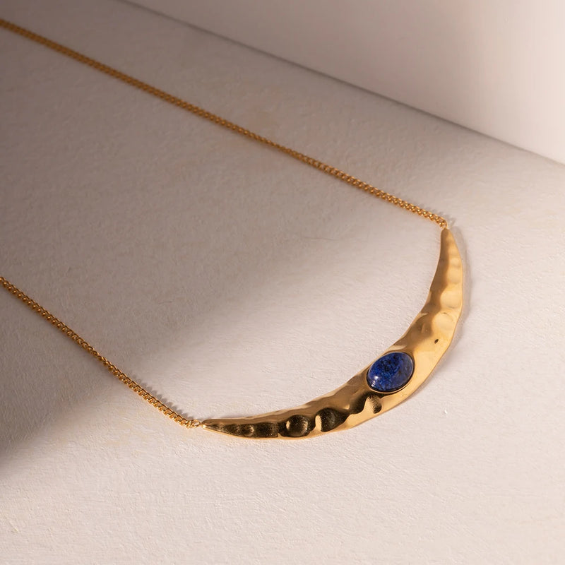 Uworld 18k Gold Stainless Steel Lapis Lazuli Moon Pendant Necklace Geometric Pendant Stainless Steel Waterproof Pendant Necklace