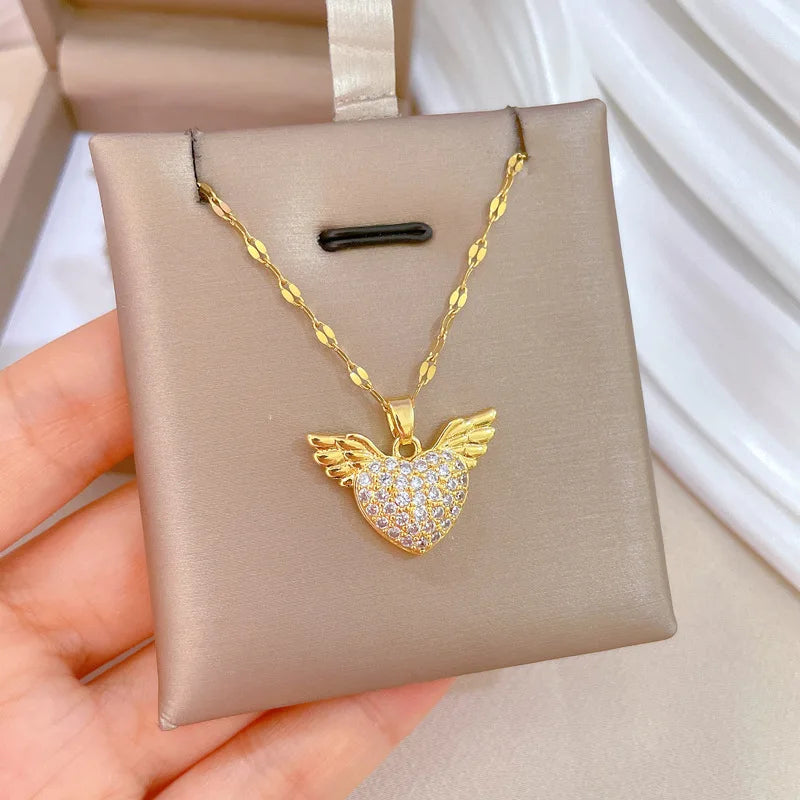 DIEYURO 316L Stainless Steel Heart Wings Pendant Necklace For Women Girl Fashion Clavicle Chain Choker Jewelry Gift Wedding