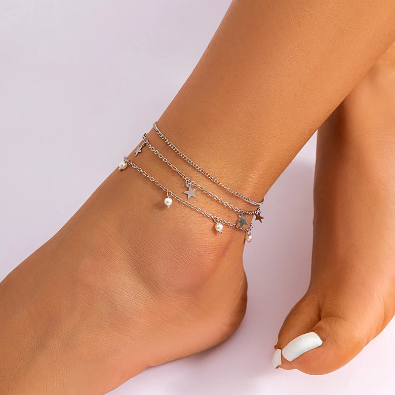 Emilia Star Pearl Charm Anklet