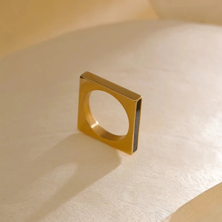 Square Signet Black Line Stacking Ring