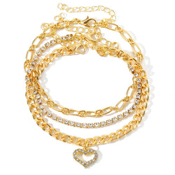 Heart Diamond Chain Layered Anklet Set