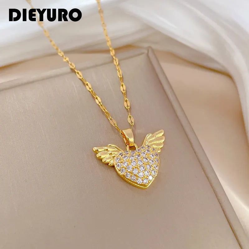 DIEYURO 316L Stainless Steel Heart Wings Pendant Necklace For Women Girl Fashion Clavicle Chain Choker Jewelry Gift Wedding